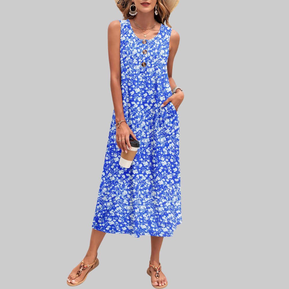 Arianne Abito Maxi Donna – Vestito Estivo Senza Maniche con Bottoni e Tasche