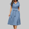 Audrey Abito Camicia Donna – Vestito Midi con Scollo a V, Maniche Corte e Tasche