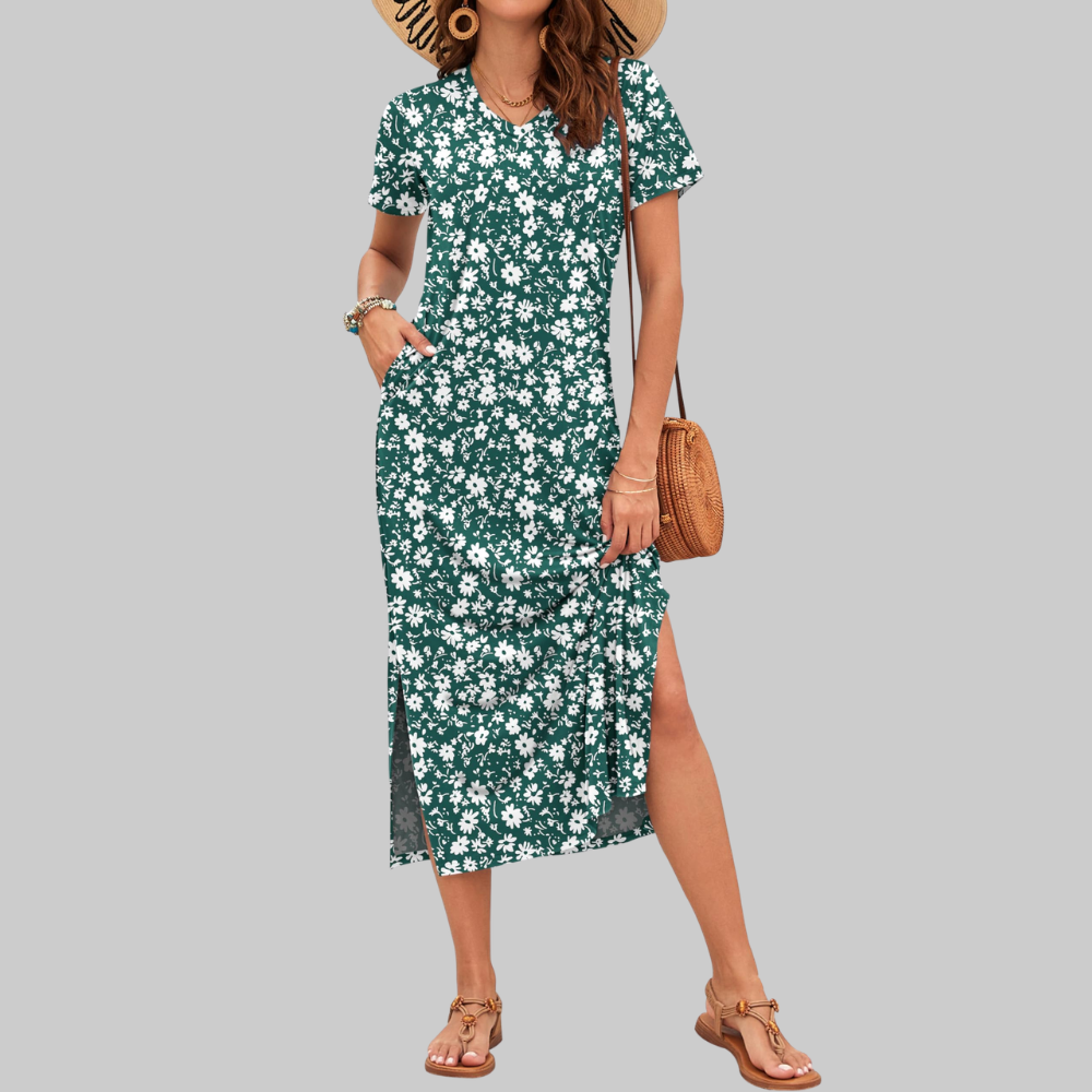 Isabelle Abito Maxi Donna – Vestito Estivo con Scollo a V, Maniche Corte e Spacco