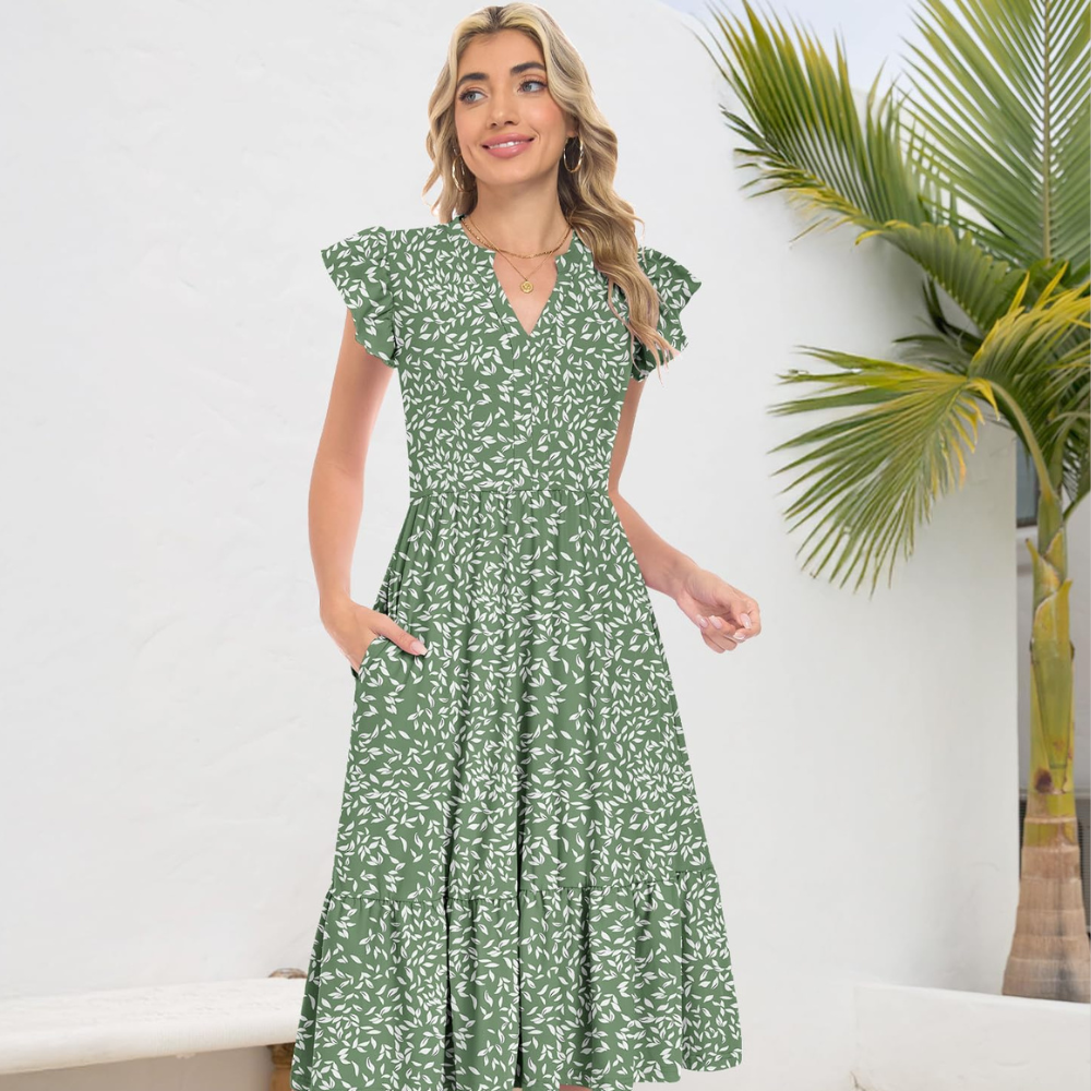 Bella Vestido Midi para Mujer – Vestido de Verano en Línea A con Escote en V, Volantes y Bolsillos