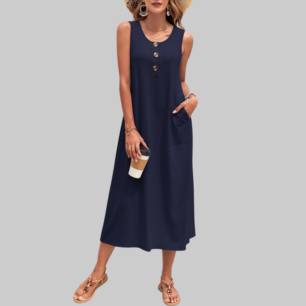 Arianne Abito Maxi Donna – Vestito Estivo Senza Maniche con Bottoni e Tasche