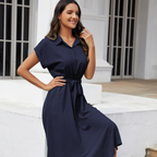 Audrey Abito Camicia Donna – Vestito Midi con Scollo a V, Maniche Corte e Tasche