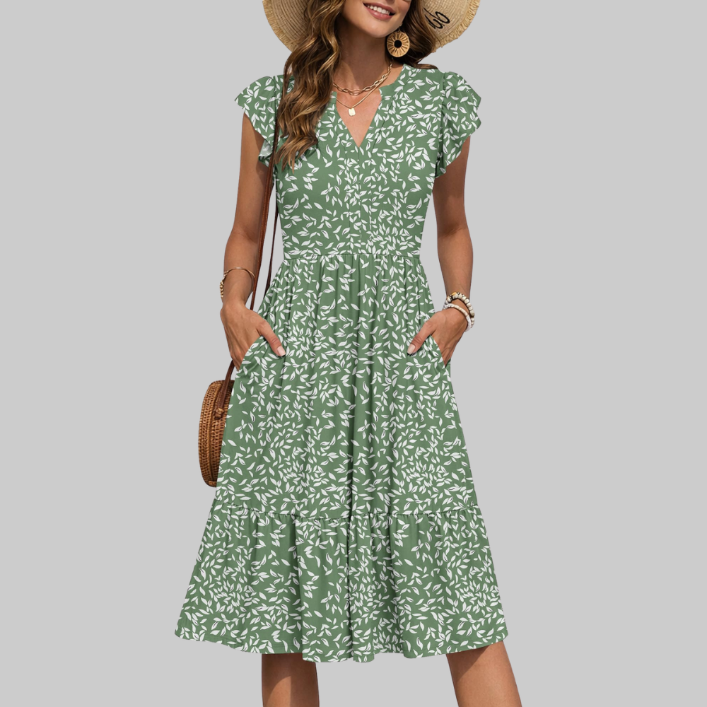 Bella Vestido Midi para Mujer – Vestido de Verano en Línea A con Escote en V, Volantes y Bolsillos