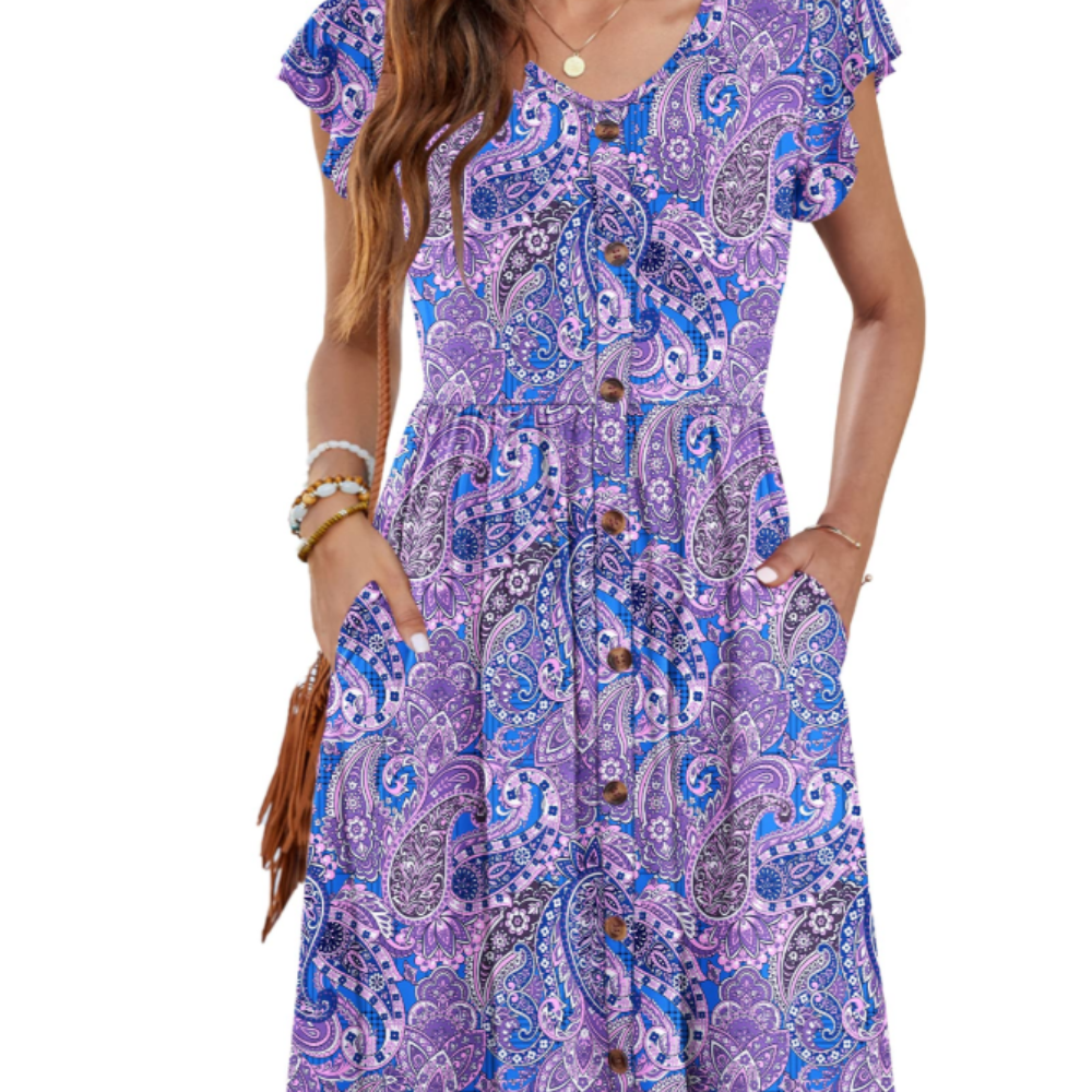 Amelia Vestido Midi para Mujer – Vestido de Verano con Escote en V, Volantes y Bolsillos