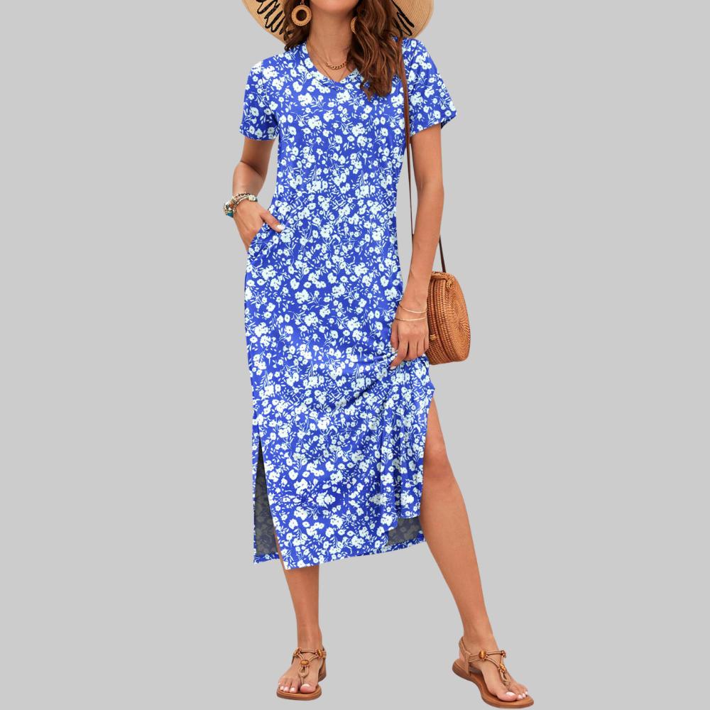 Isabelle Abito Maxi Donna – Vestito Estivo con Scollo a V, Maniche Corte e Spacco