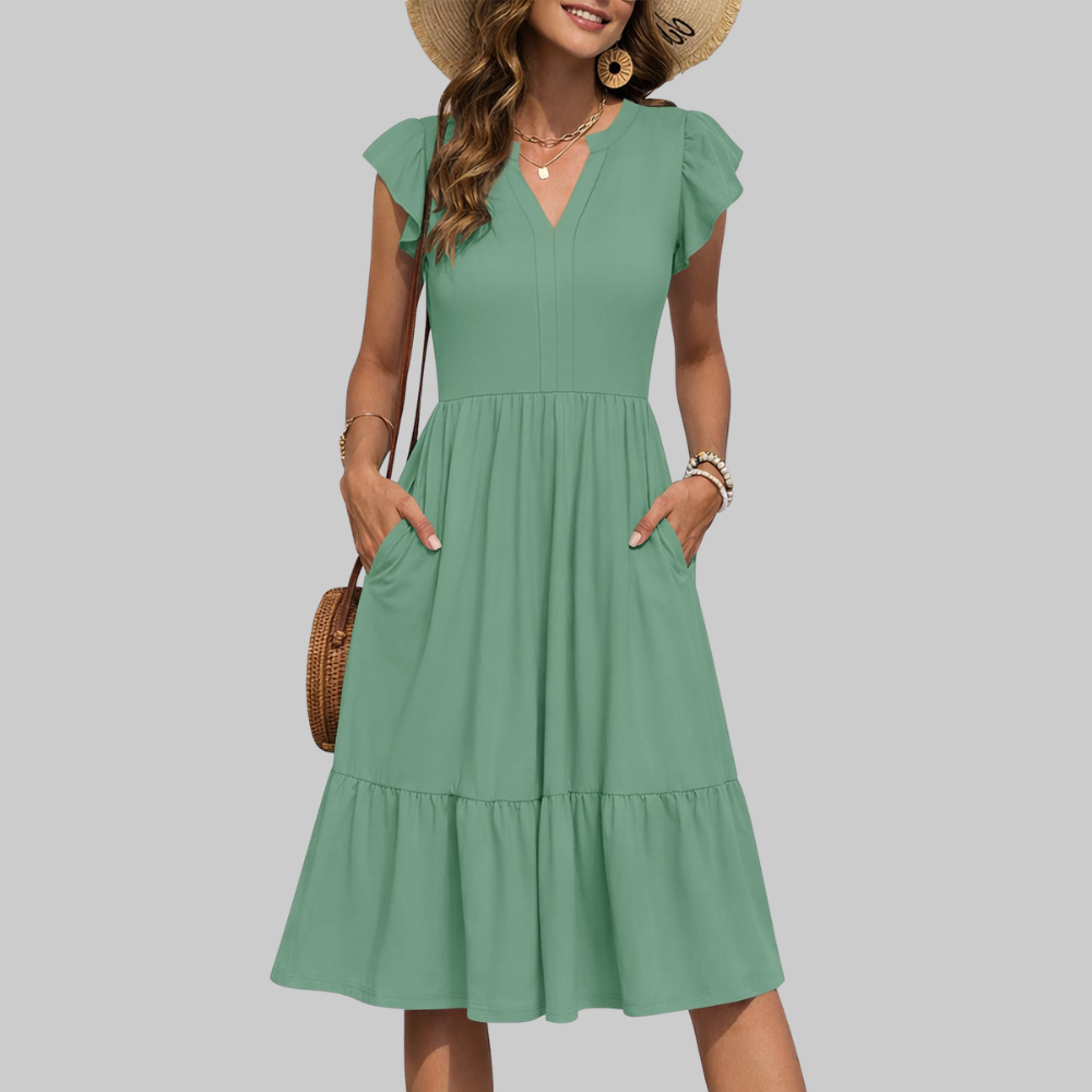 Bella Abito Midi Donna – Vestito Estivo A-Line con Scollo a V, Volant e Tasche