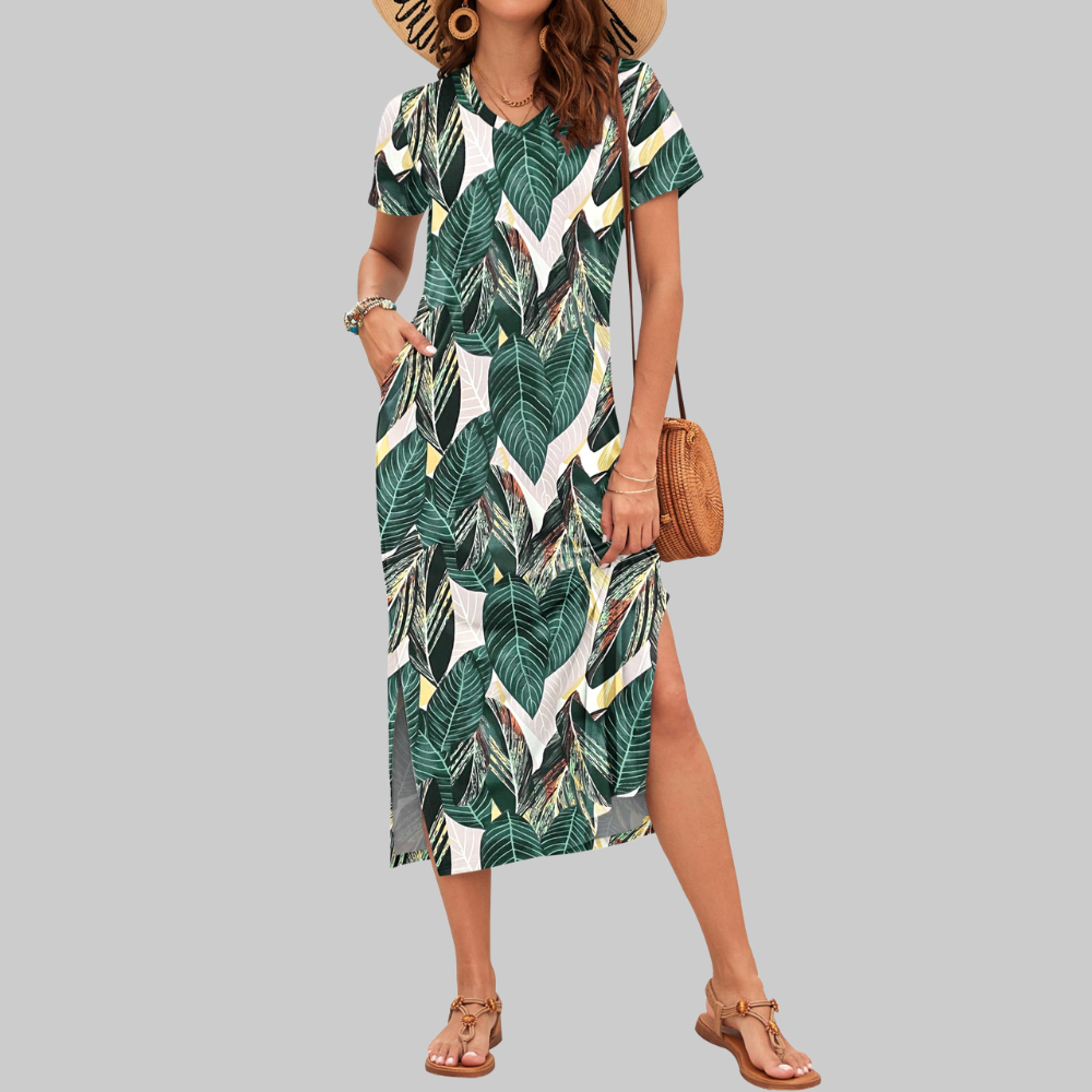 Isabelle Abito Maxi Donna – Vestito Estivo con Scollo a V, Maniche Corte e Spacco