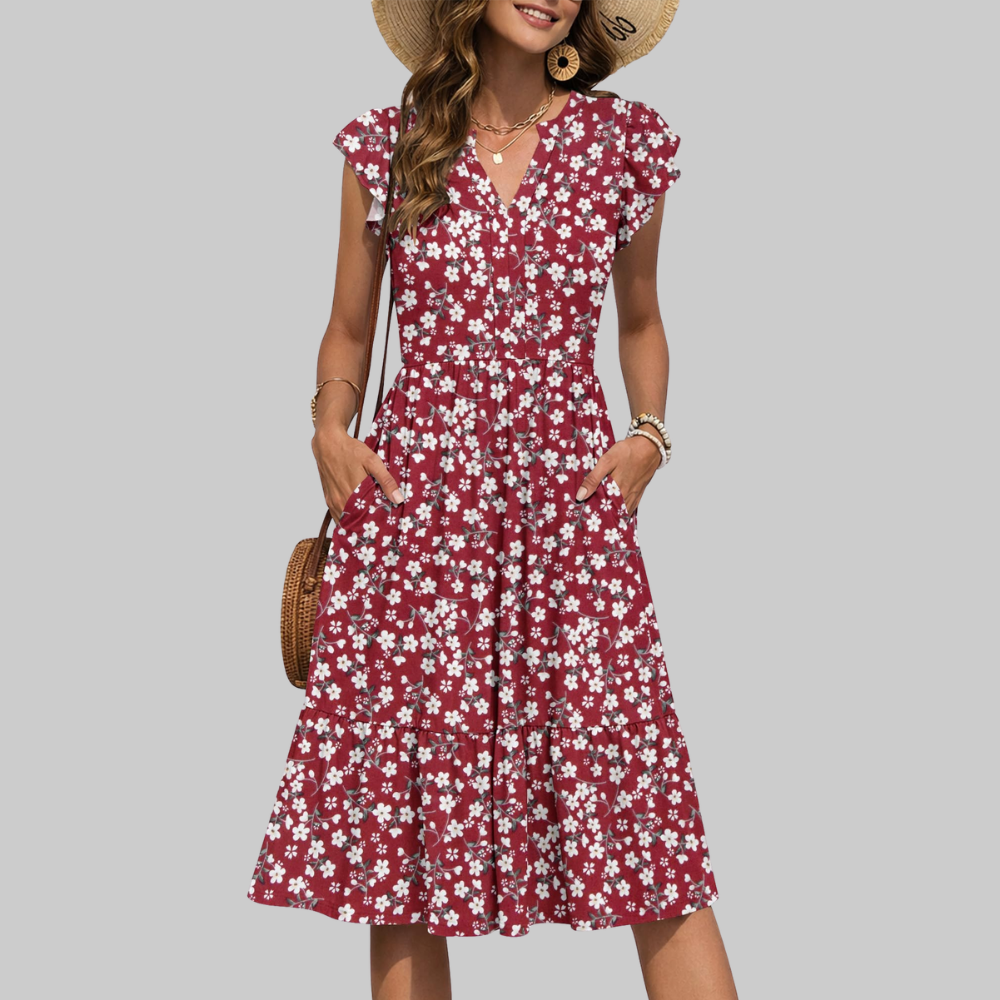 Bella Abito Midi Donna – Vestito Estivo A-Line con Scollo a V, Volant e Tasche