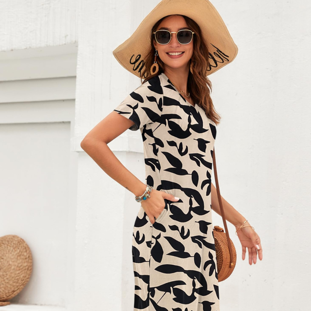 Isabelle Abito Maxi Mujer – Vestido de Verano con Escote en V, Mangas Cortas y Abertura