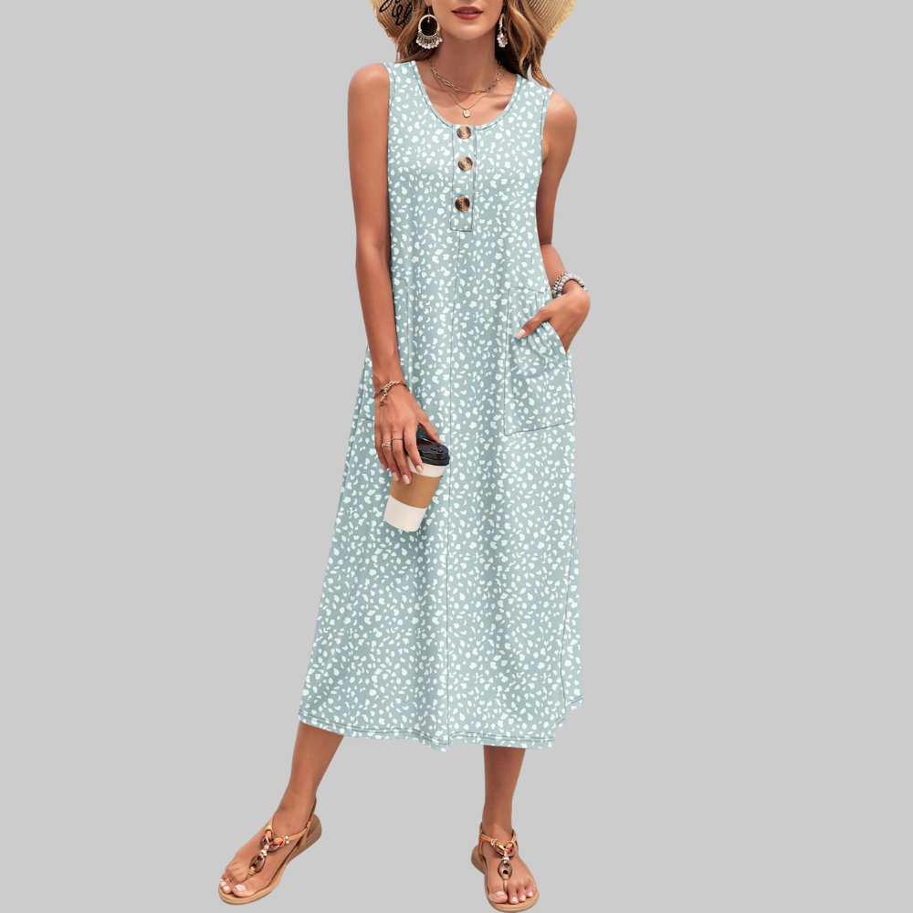 Arianne Abito Maxi Donna – Vestito Estivo Senza Maniche con Bottoni e Tasche