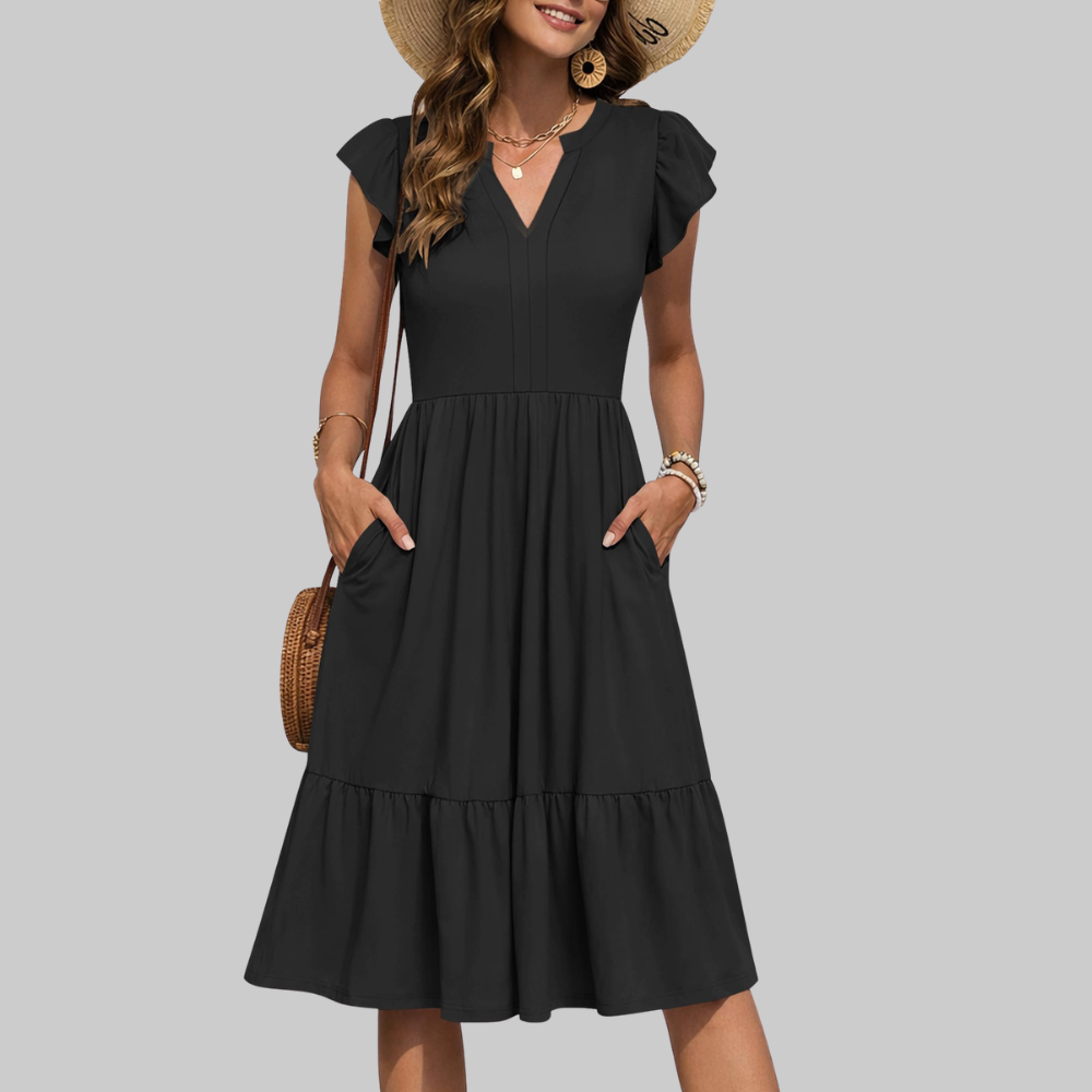 Bella Abito Midi Donna – Vestito Estivo A-Line con Scollo a V, Volant e Tasche