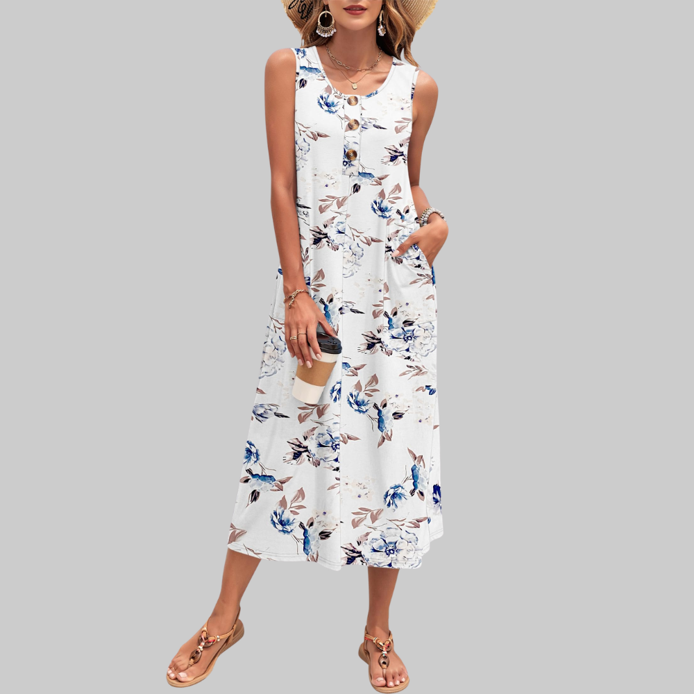 Arianne Abito Maxi Donna – Vestito Estivo Senza Maniche con Bottoni e Tasche