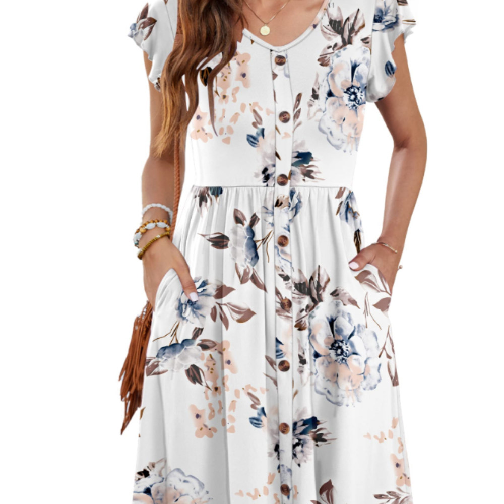Amelia Vestido Midi para Mujer – Vestido de Verano con Escote en V, Volantes y Bolsillos