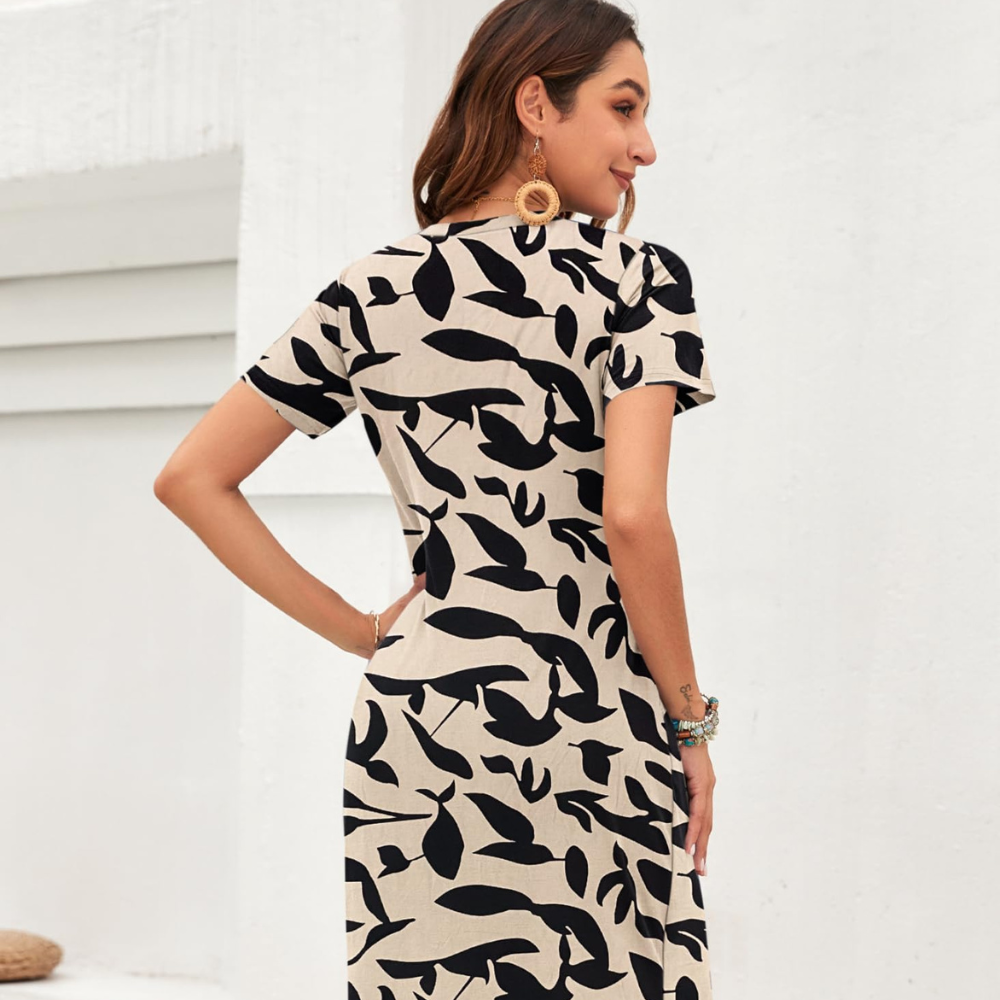Isabelle Abito Maxi Mujer – Vestido de Verano con Escote en V, Mangas Cortas y Abertura