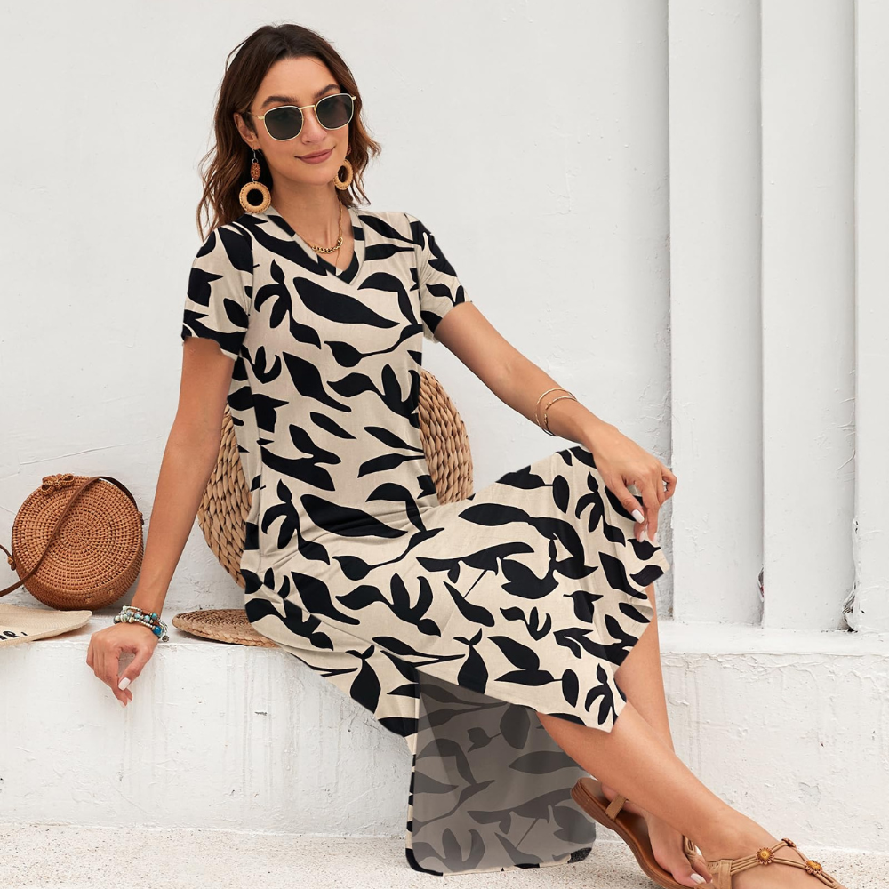 Isabelle Abito Maxi Mujer – Vestido de Verano con Escote en V, Mangas Cortas y Abertura