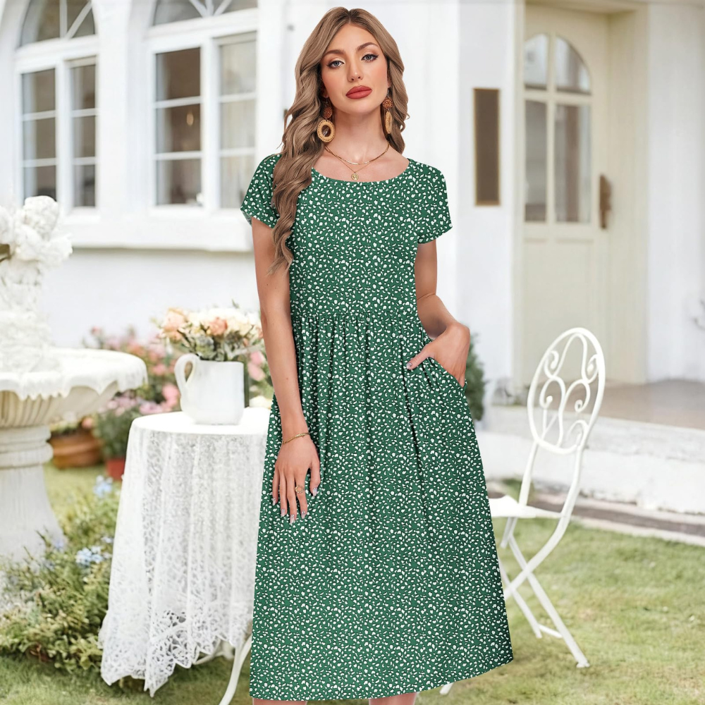 Mila Abito Midi Donna – Vestito Estivo A-Line con Girocollo, Maniche Corte e Tasche