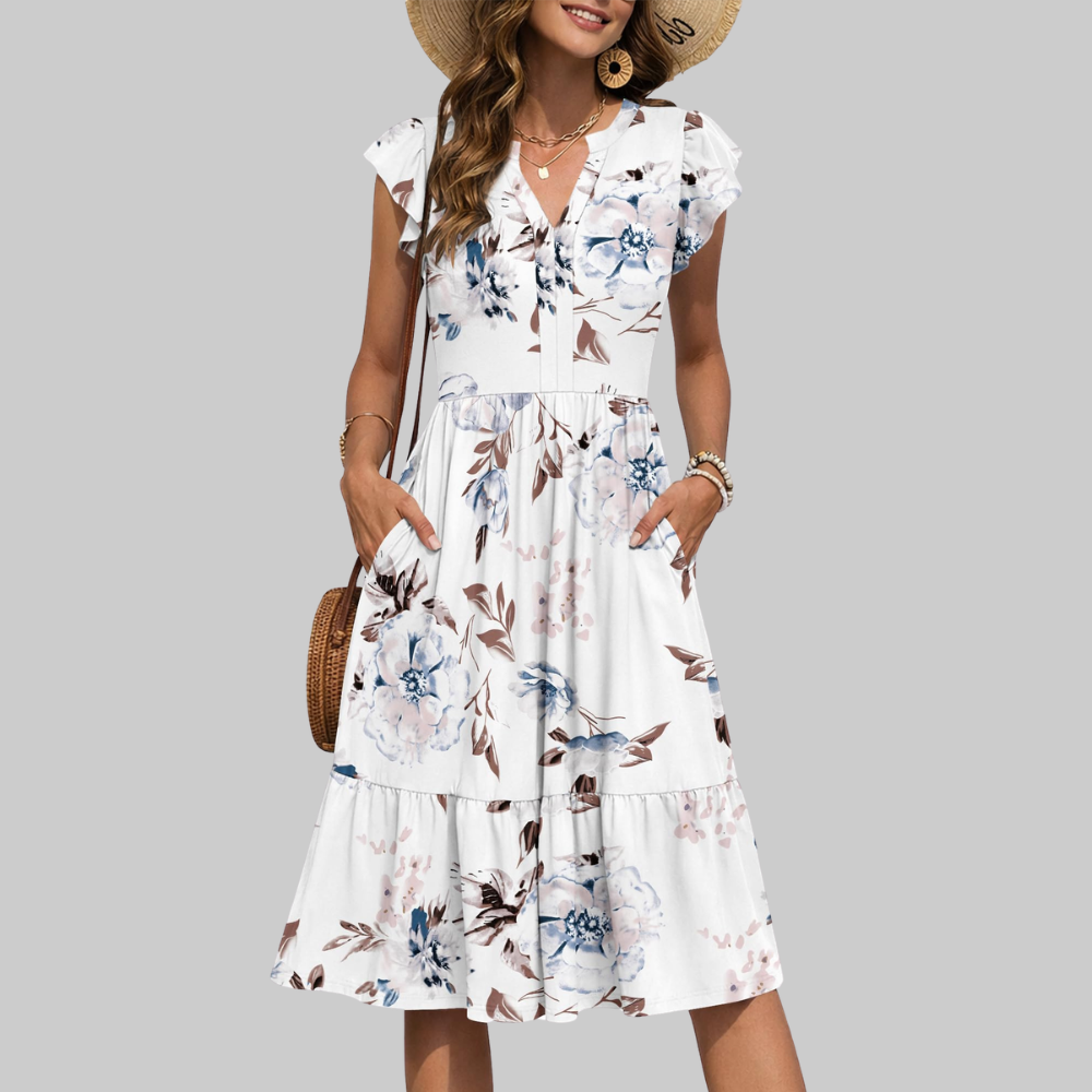 Bella Abito Midi Donna – Vestito Estivo A-Line con Scollo a V, Volant e Tasche