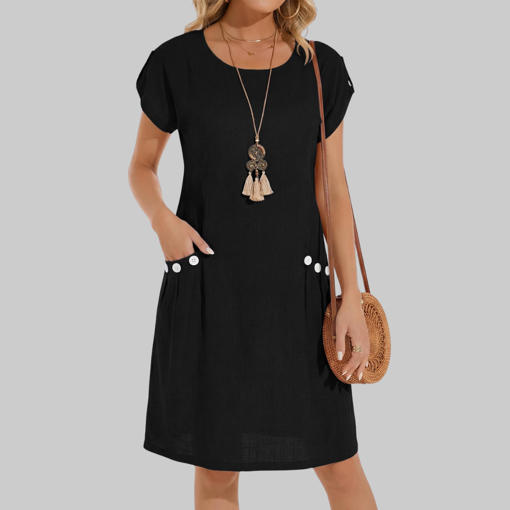 Serenity Abito in Lino Donna – Vestito Midi A-Line con Girocollo e Tasche