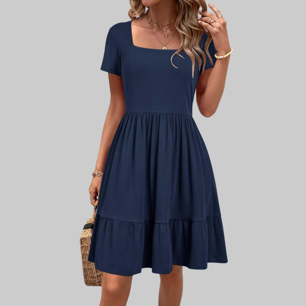 Stella Women's Summer Dress – Knee-Length Dress with Square Neck and Pockets