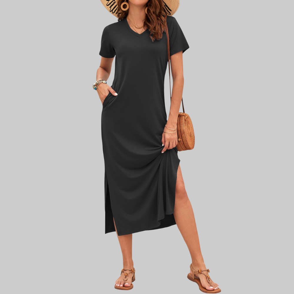 Isabelle Abito Maxi Donna – Vestito Estivo con Scollo a V, Maniche Corte e Spacco
