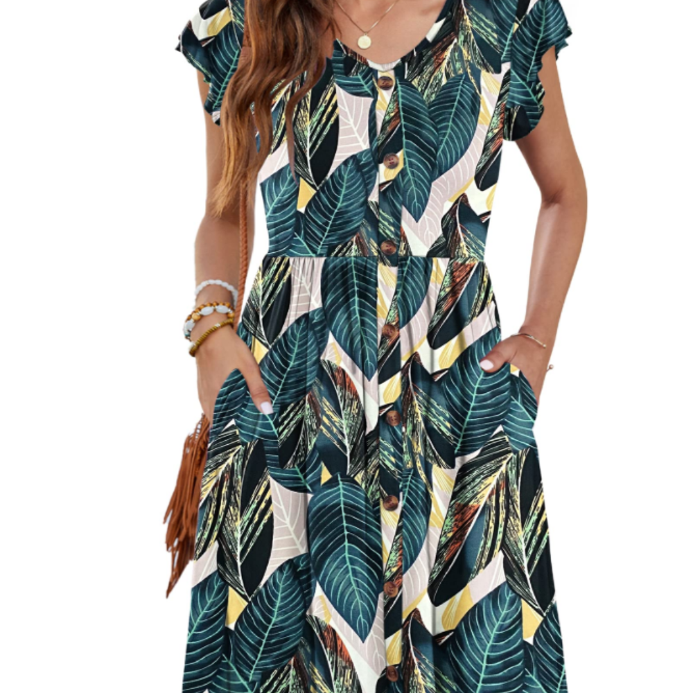 Amelia Vestido Midi para Mujer – Vestido de Verano con Escote en V, Volantes y Bolsillos