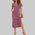 Isabelle Abito Maxi Mujer – Vestido de Verano con Escote en V, Mangas Cortas y Abertura