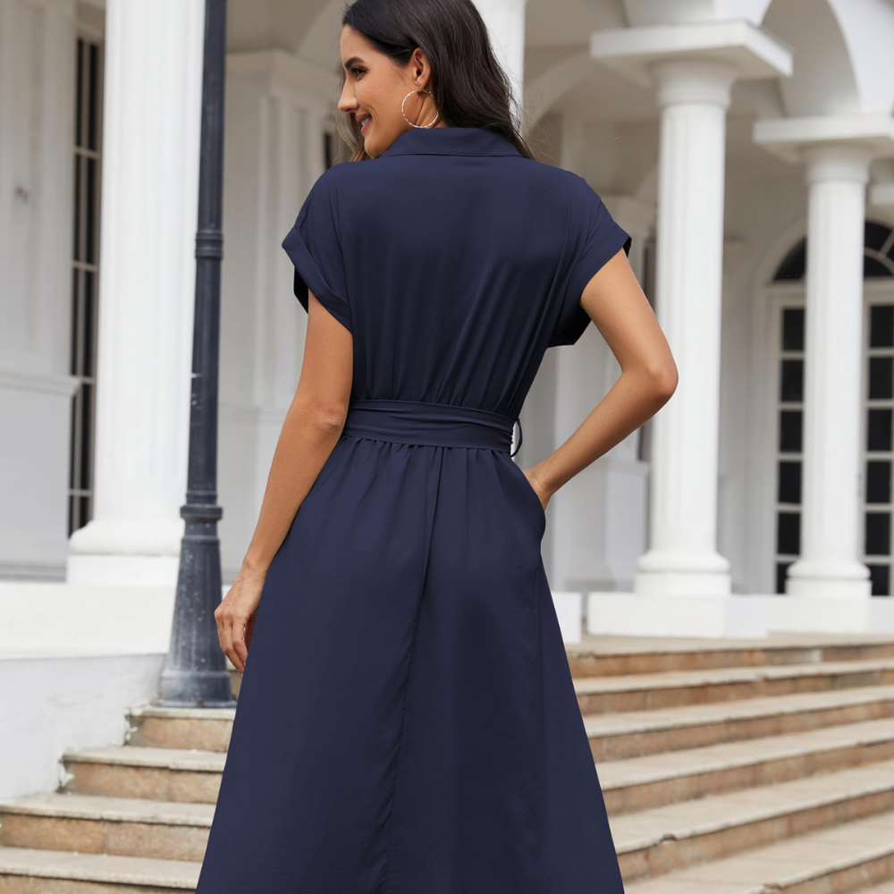 Audrey Abito Camicia Donna – Vestito Midi con Scollo a V, Maniche Corte e Tasche