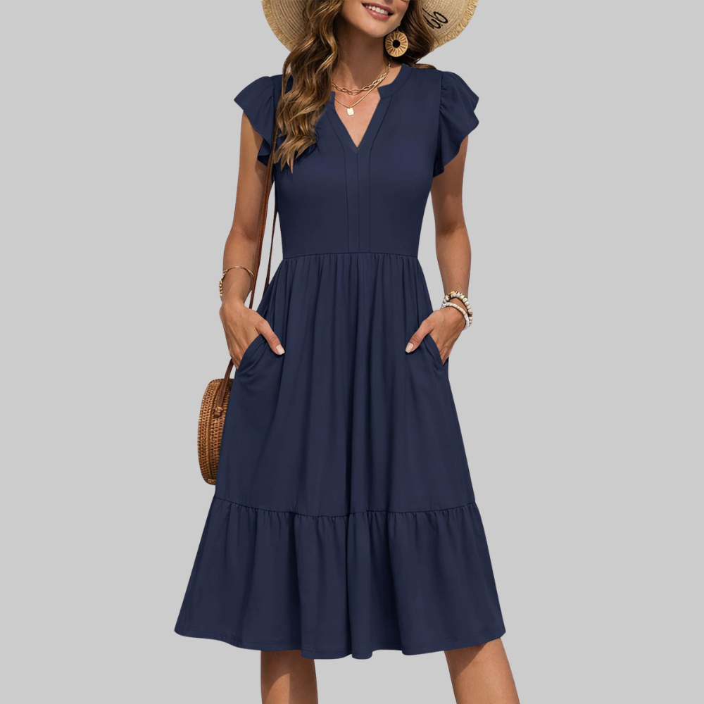 Bella Abito Midi Donna – Vestito Estivo A-Line con Scollo a V, Volant e Tasche