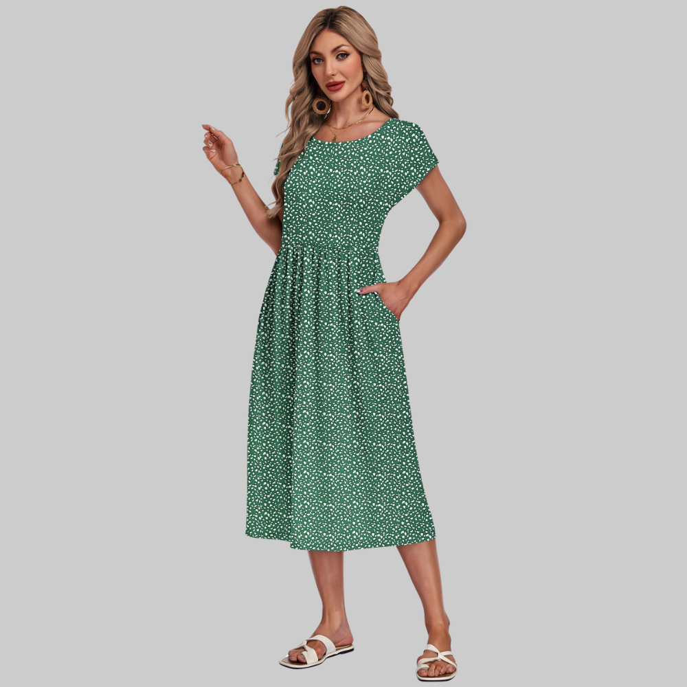 Mila Abito Midi Donna – Vestito Estivo A-Line con Girocollo, Maniche Corte e Tasche