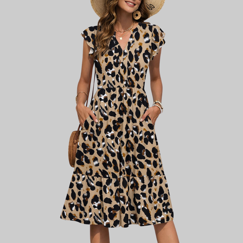 Bella Abito Midi Donna – Vestito Estivo A-Line con Scollo a V, Volant e Tasche