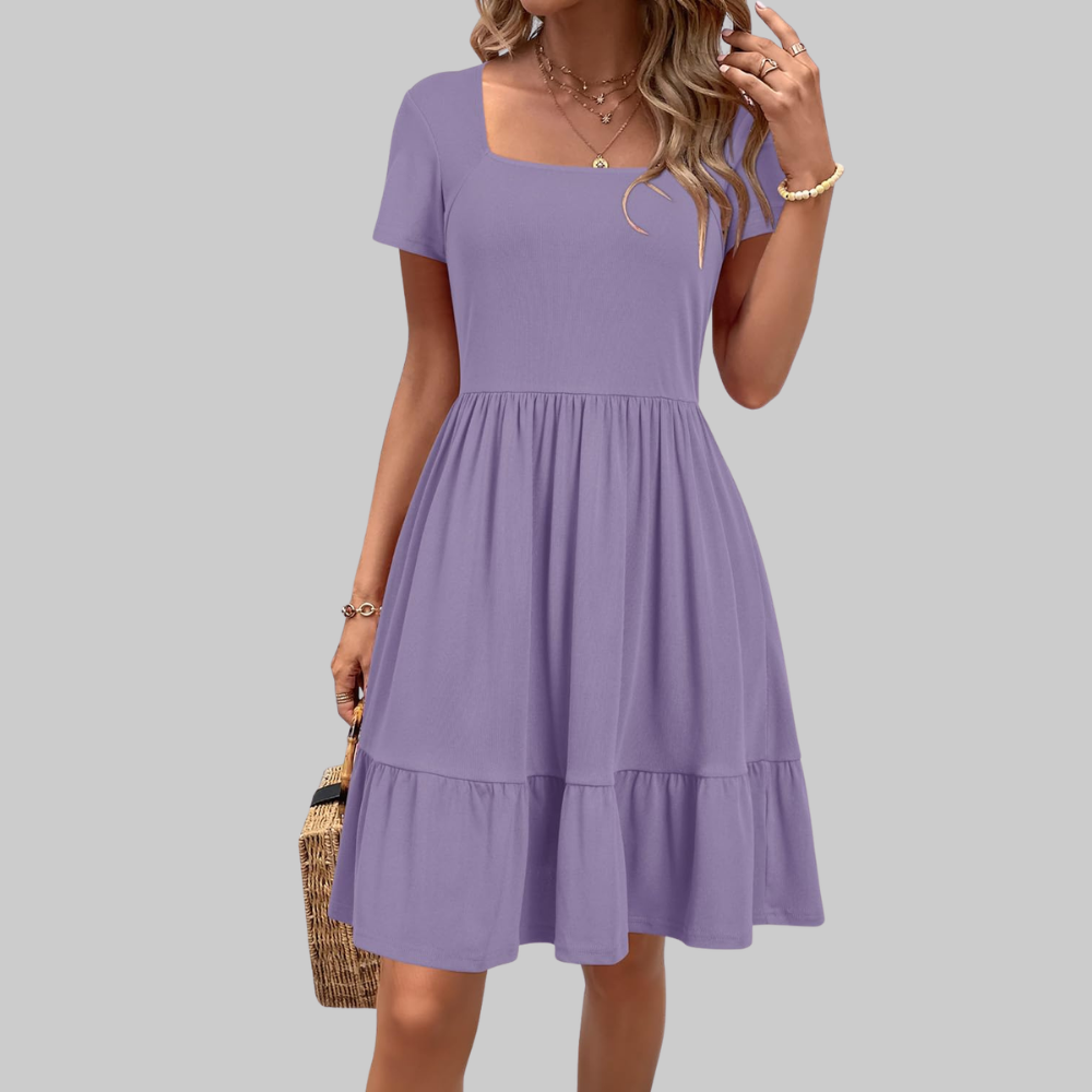 Stella Women's Summer Dress – Knee-Length Dress with Square Neck and Pockets