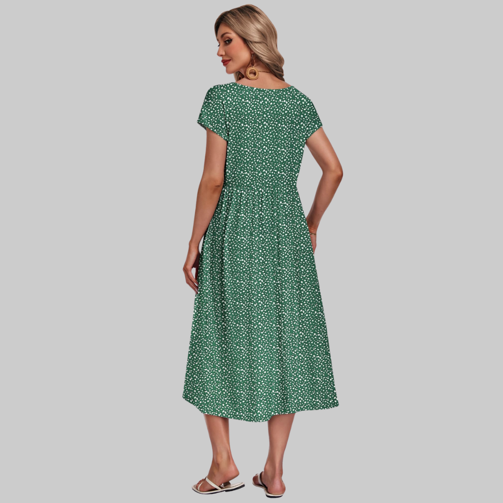 Mila Abito Midi Donna – Vestito Estivo A-Line con Girocollo, Maniche Corte e Tasche