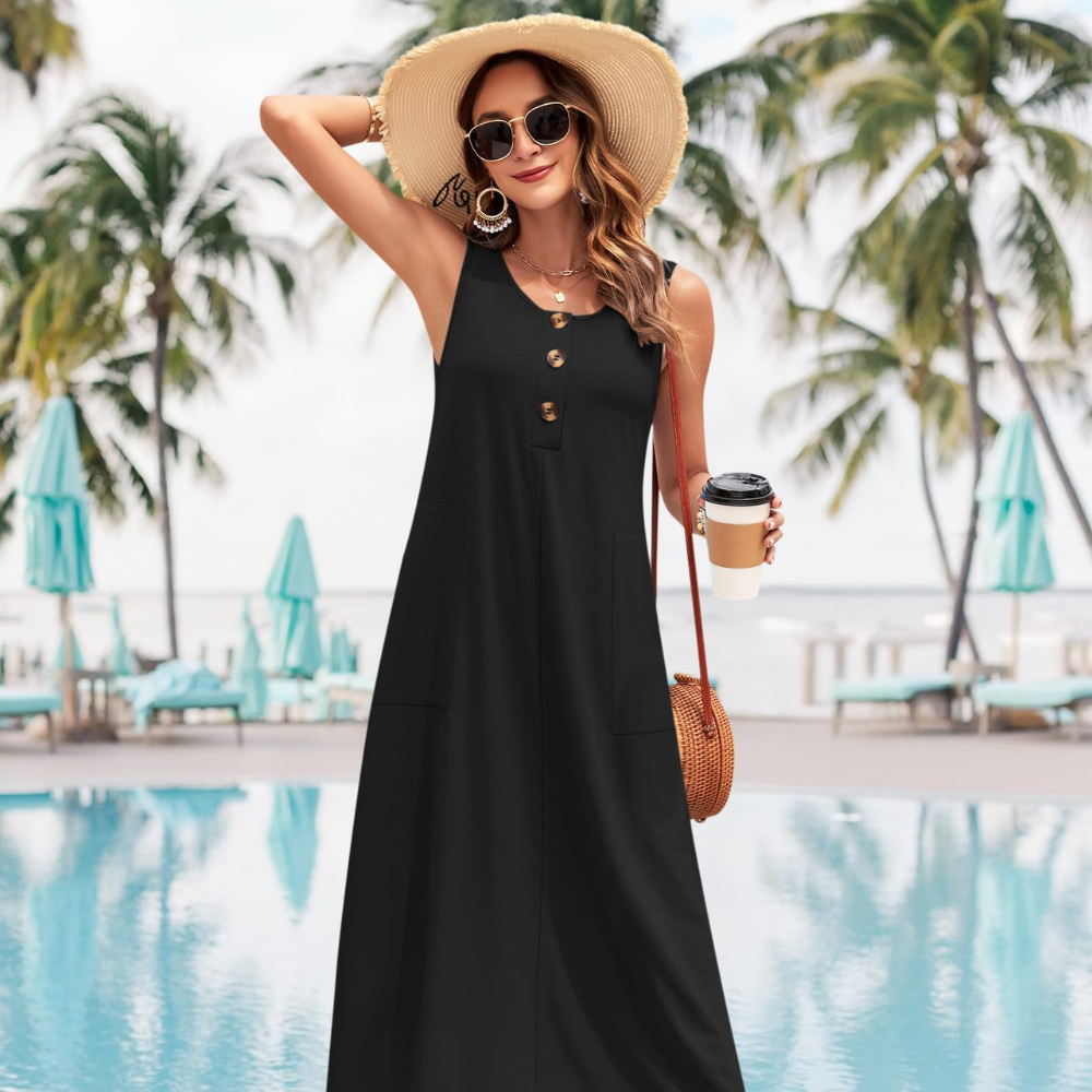 Arianne Abito Maxi Donna – Vestito Estivo Senza Maniche con Bottoni e Tasche