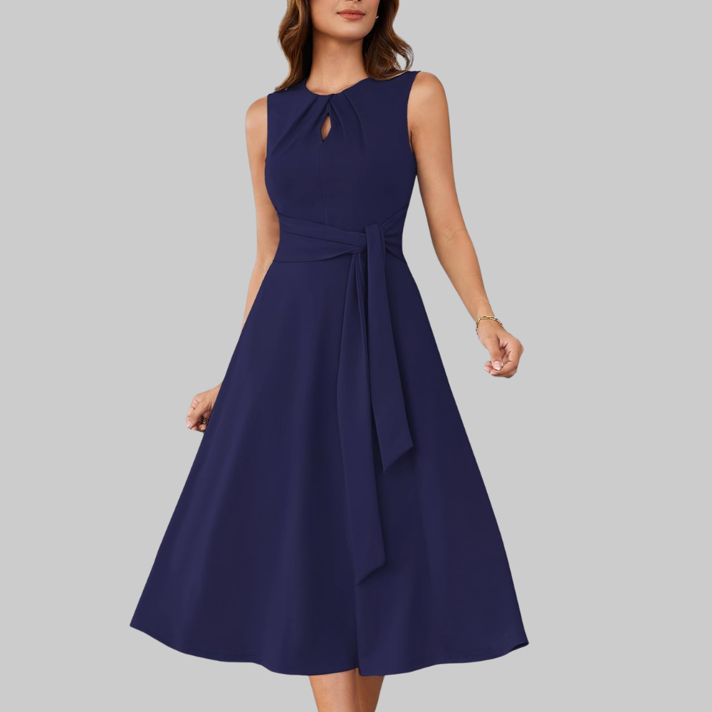 Bella Abito Midi Donna – Vestito A-Line Senza Maniche con Cintura e Tasche