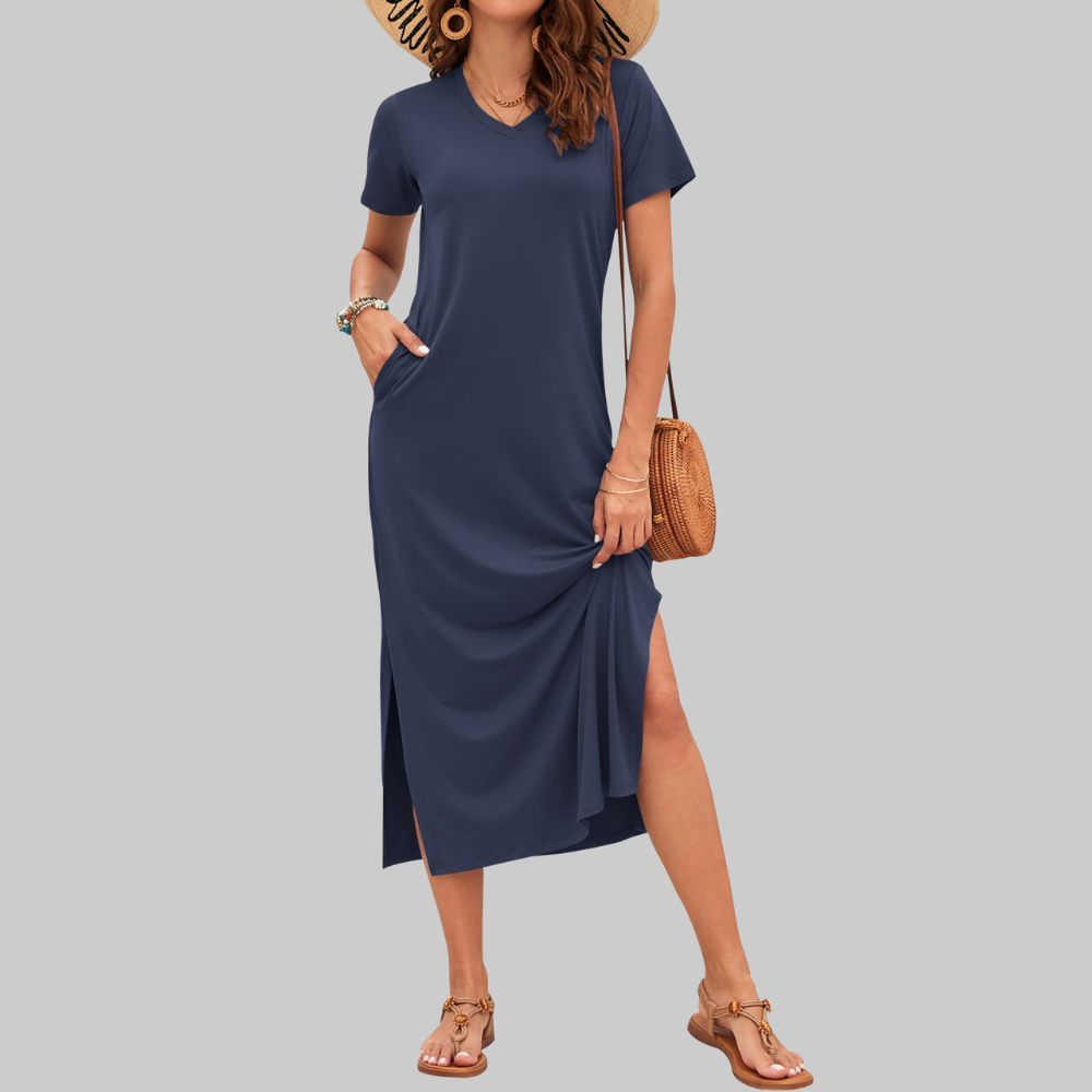 Isabelle Abito Maxi Donna – Vestito Estivo con Scollo a V, Maniche Corte e Spacco