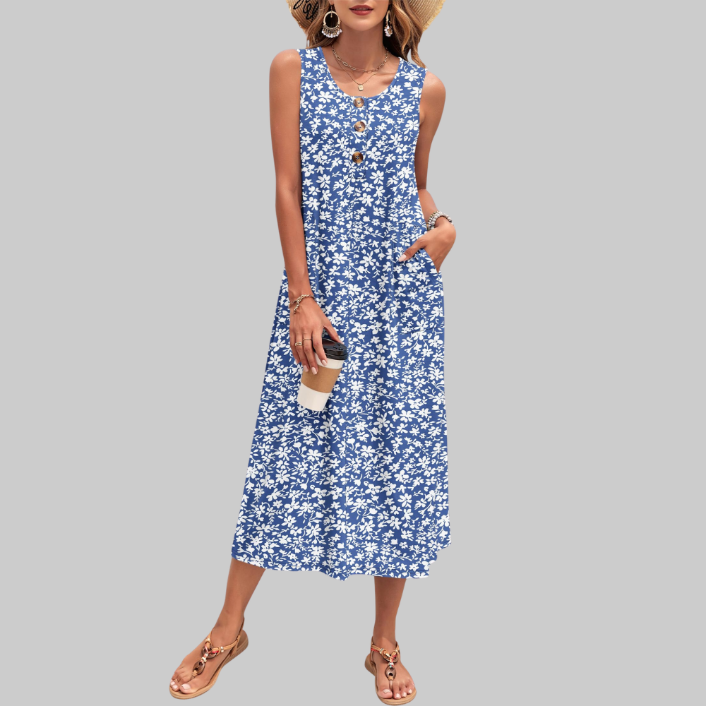 Arianne Abito Maxi Donna – Vestito Estivo Senza Maniche con Bottoni e Tasche