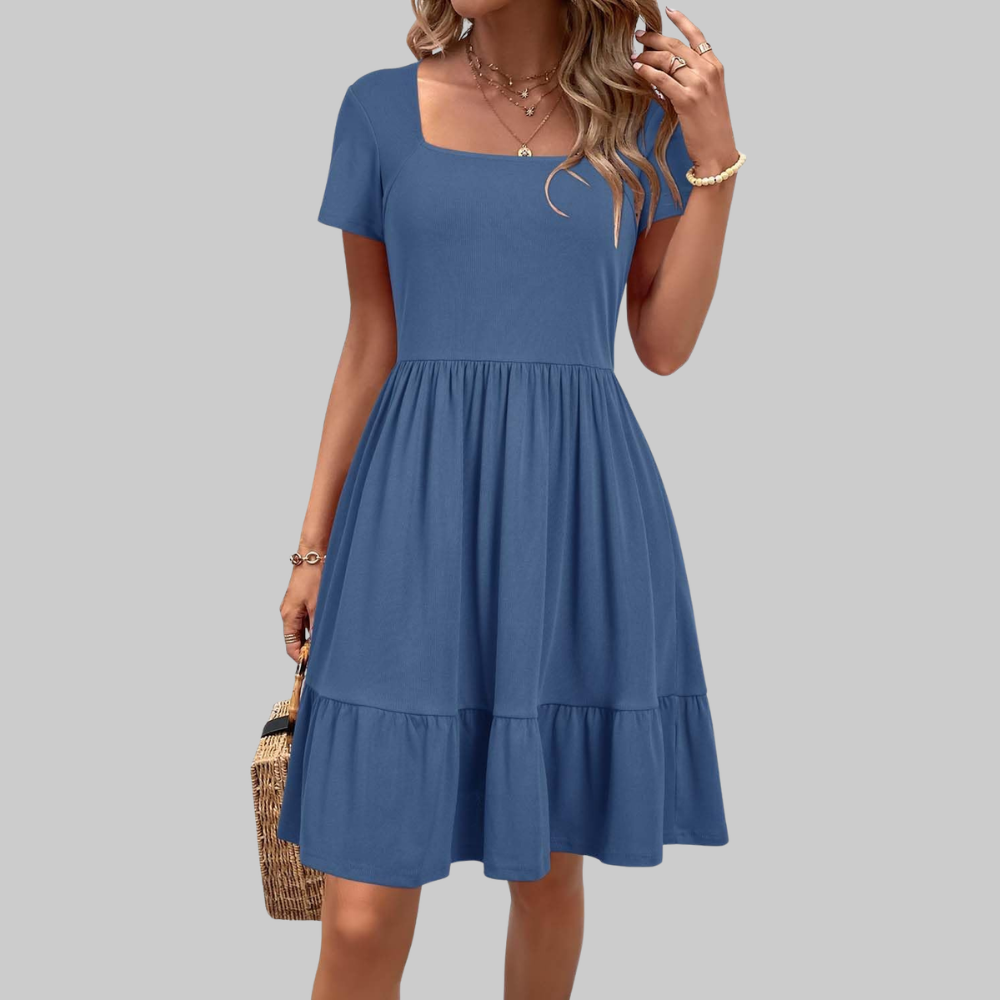 Stella Women's Summer Dress – Knee-Length Dress with Square Neck and Pockets