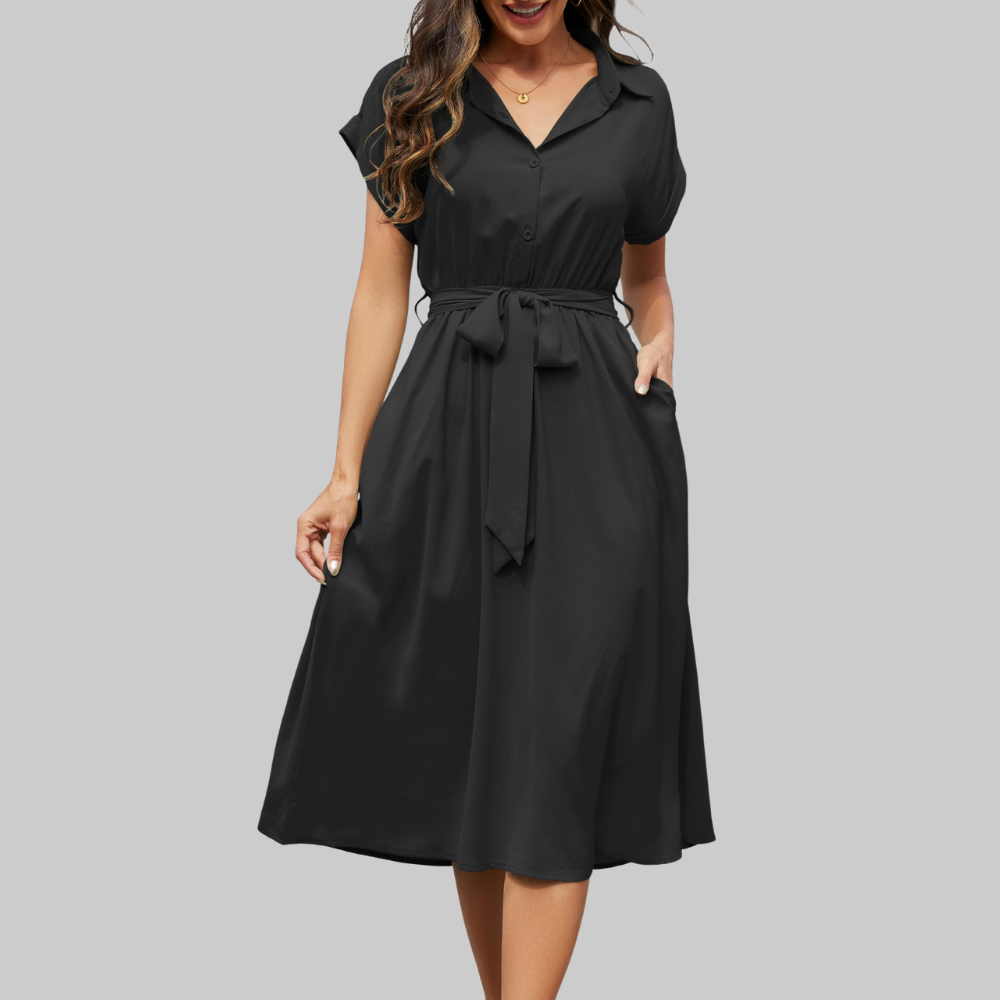 Audrey Women's Shirt Dress – Midi Dress with V-Neck, Short Sleeves, and Pockets
