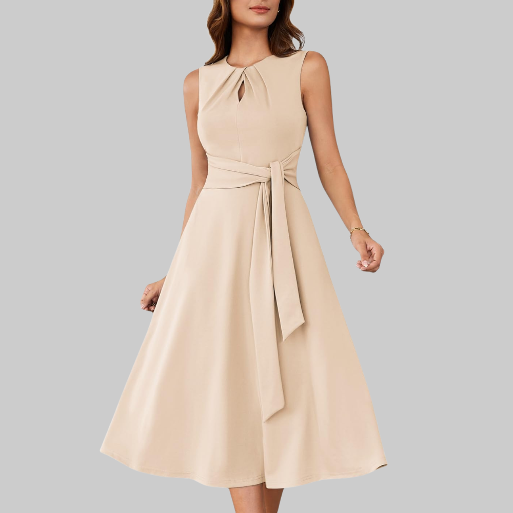 Bella Abito Midi Donna – Vestito A-Line Senza Maniche con Cintura e Tasche