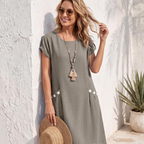Serenity Vestido de Lino para Mujer – Vestido Midi en Línea A con Cuello Redondo y Bolsillos