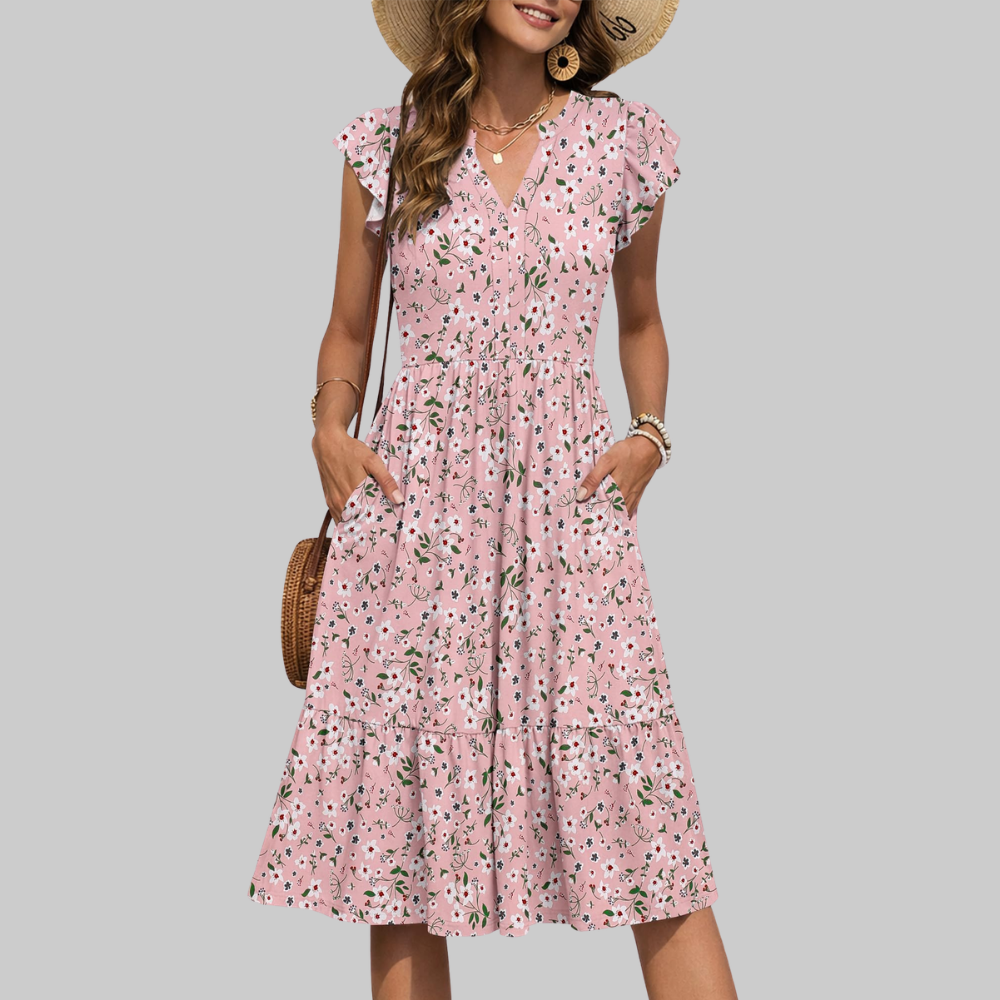 Bella Abito Midi Donna – Vestito Estivo A-Line con Scollo a V, Volant e Tasche