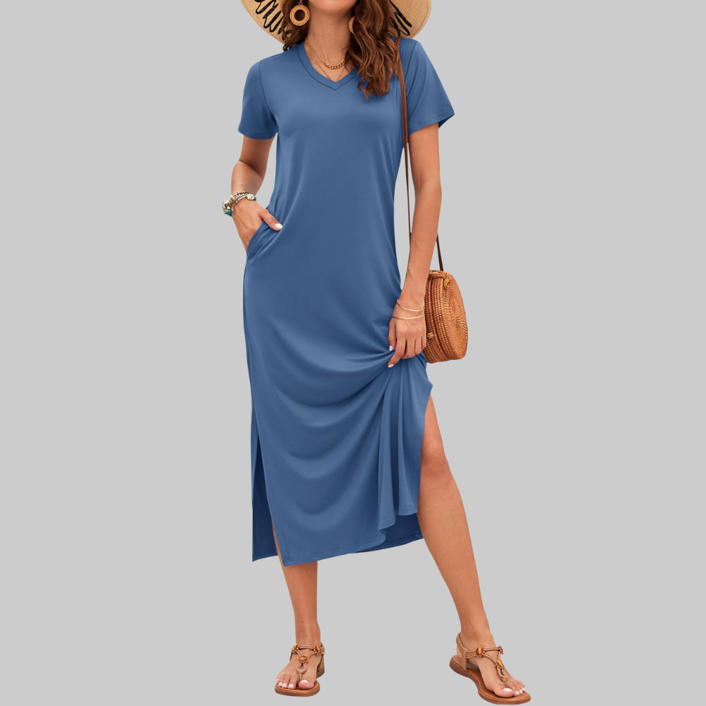 Isabelle Abito Maxi Donna – Vestito Estivo con Scollo a V, Maniche Corte e Spacco