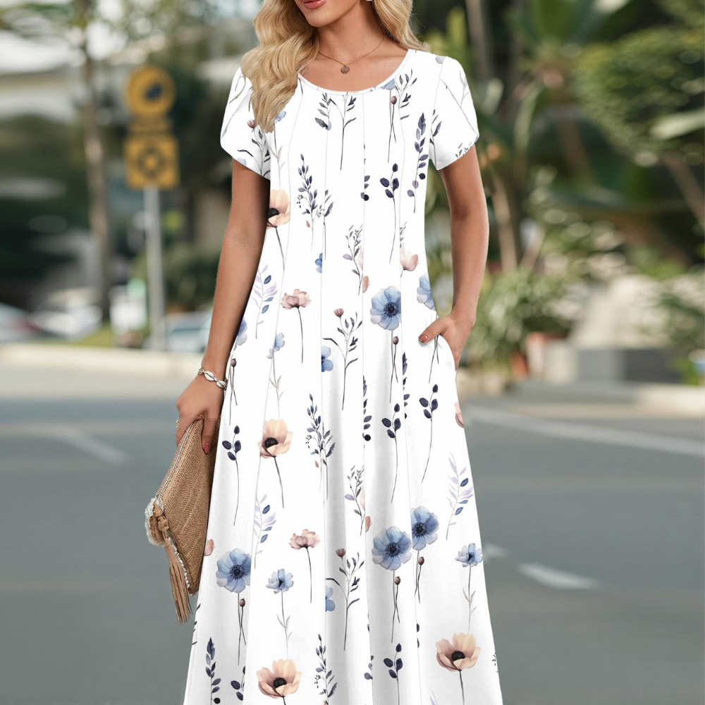 Hannah Abito Midi Femme – Robe A-Line avec Manches Bouffantes, Plis et Poches