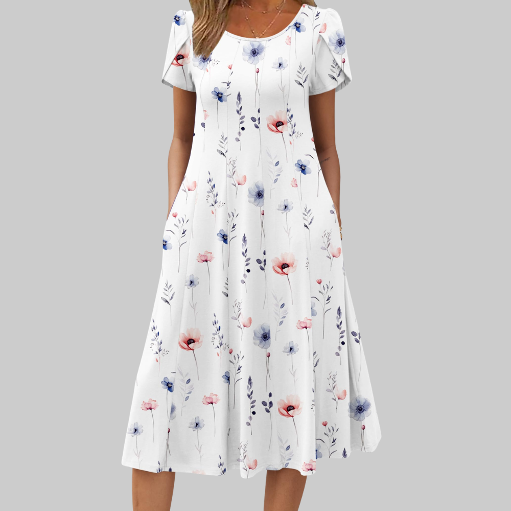 Hannah Abito Midi Femme – Robe A-Line avec Manches Bouffantes, Plis et Poches