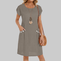 Serenity Vestido de Lino para Mujer – Vestido Midi en Línea A con Cuello Redondo y Bolsillos