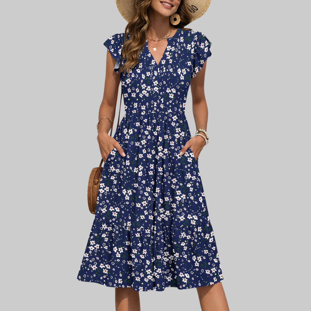 Bella Abito Midi Donna – Vestito Estivo A-Line con Scollo a V, Volant e Tasche