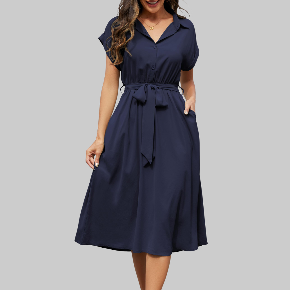 Audrey Abito Camicia Donna – Vestito Midi con Scollo a V, Maniche Corte e Tasche