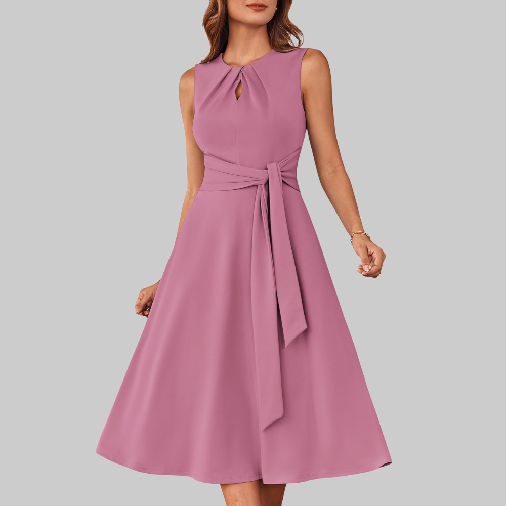 Bella Abito Midi Donna – Vestito A-Line Senza Maniche con Cintura e Tasche