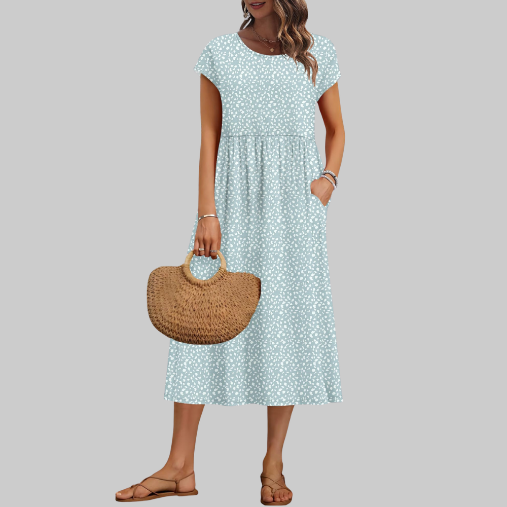 Mila Abito Midi Donna – Vestito Estivo A-Line con Girocollo, Maniche Corte e Tasche