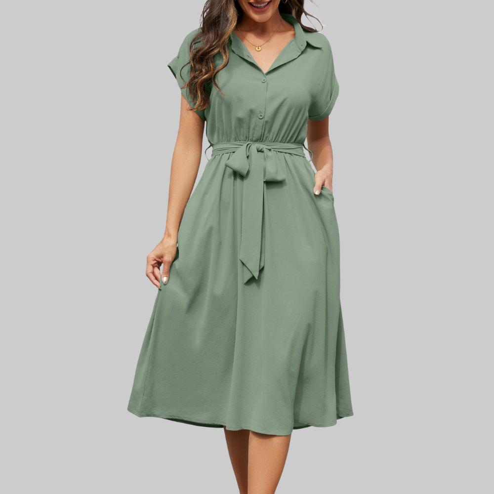 Audrey Abito Camicia Donna – Vestito Midi con Scollo a V, Maniche Corte e Tasche